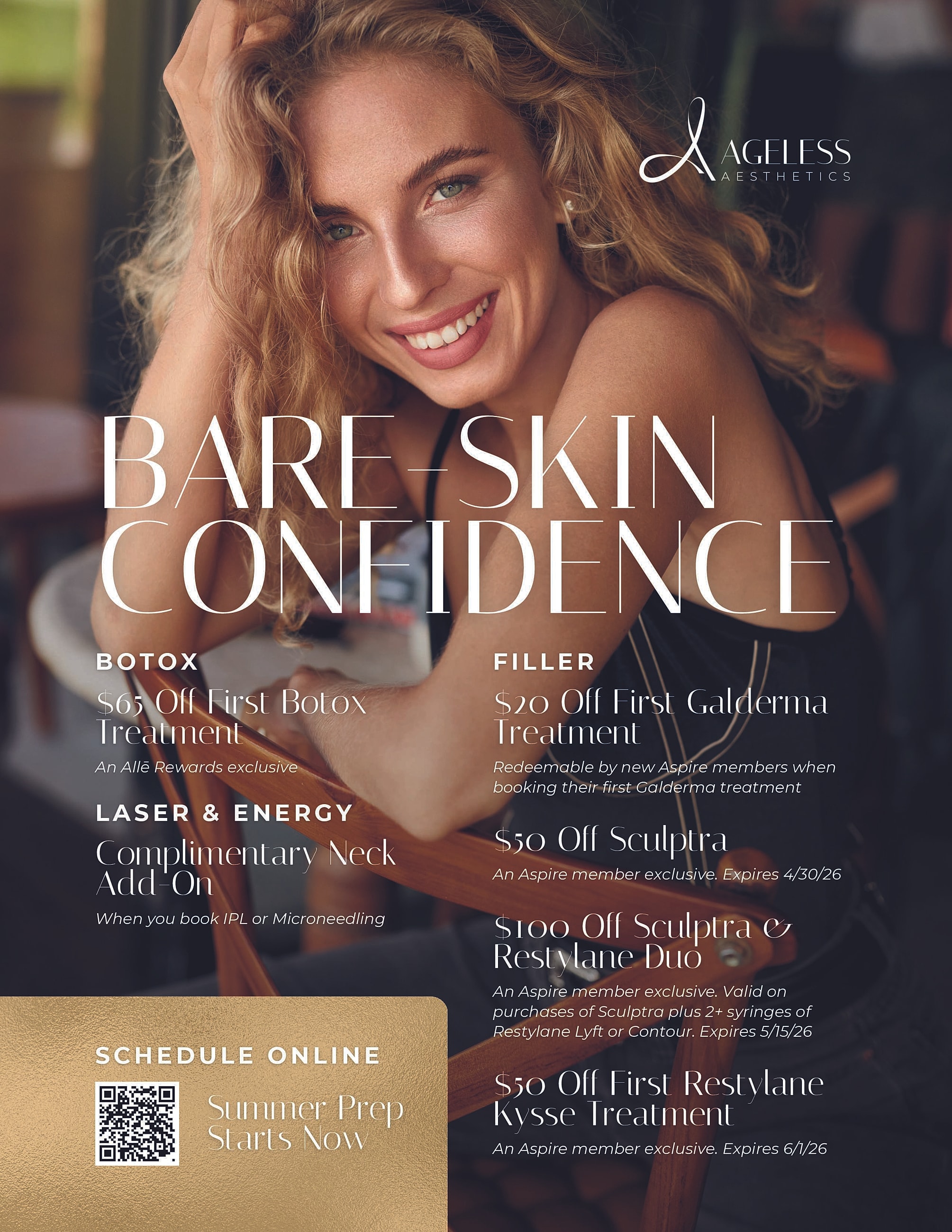 Promotional aesthetics advertisement featuring confident woman.