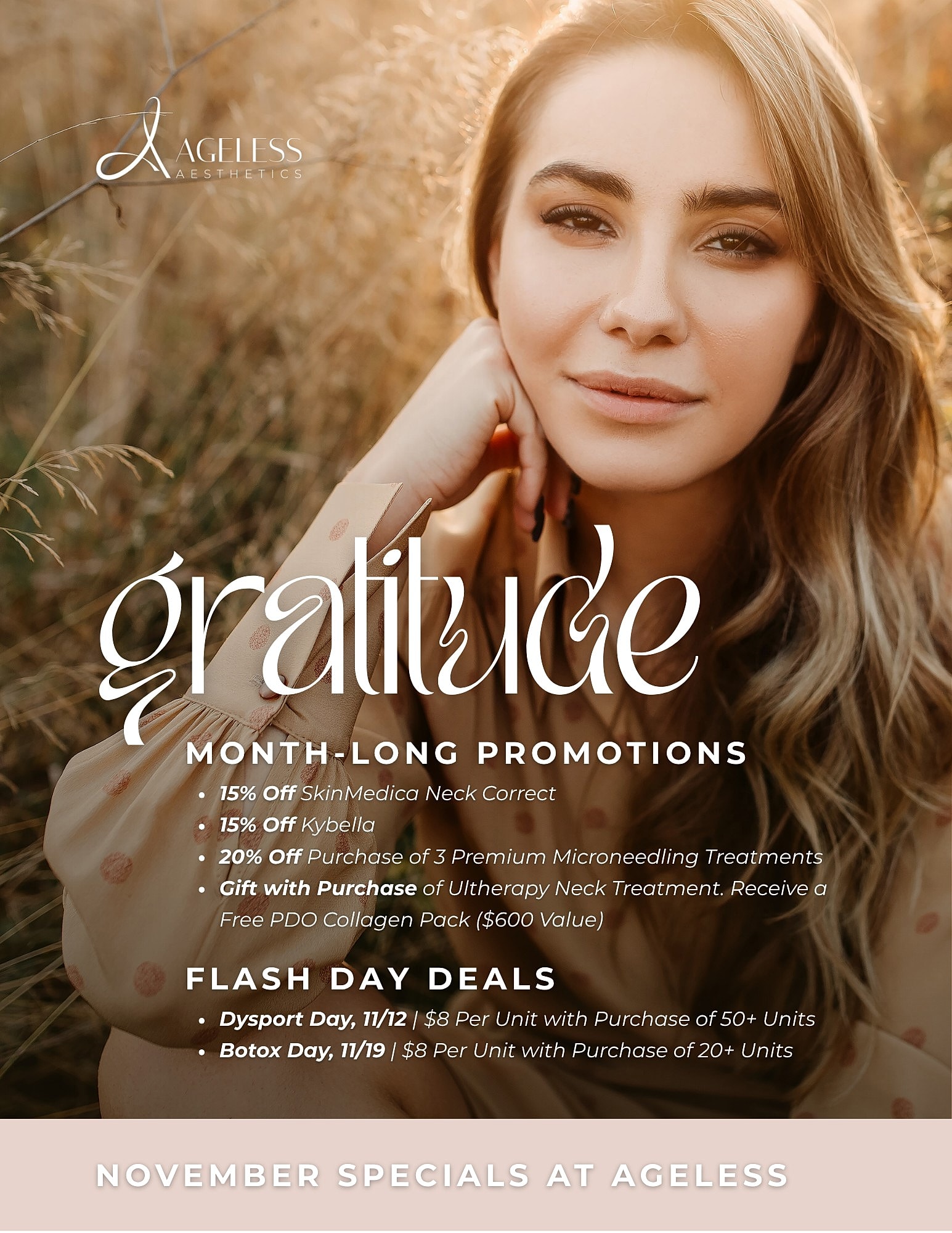 Woman in sweater promoting Fall skincare specials.