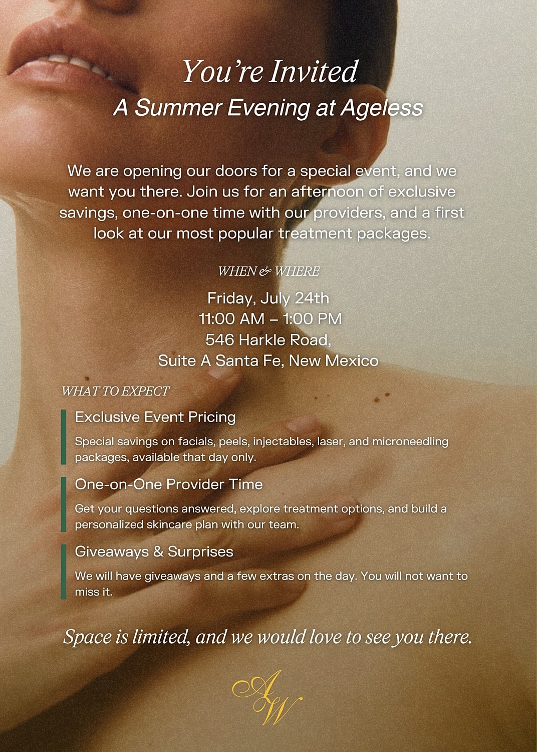 Summer evening event invitation at Ageless spa.